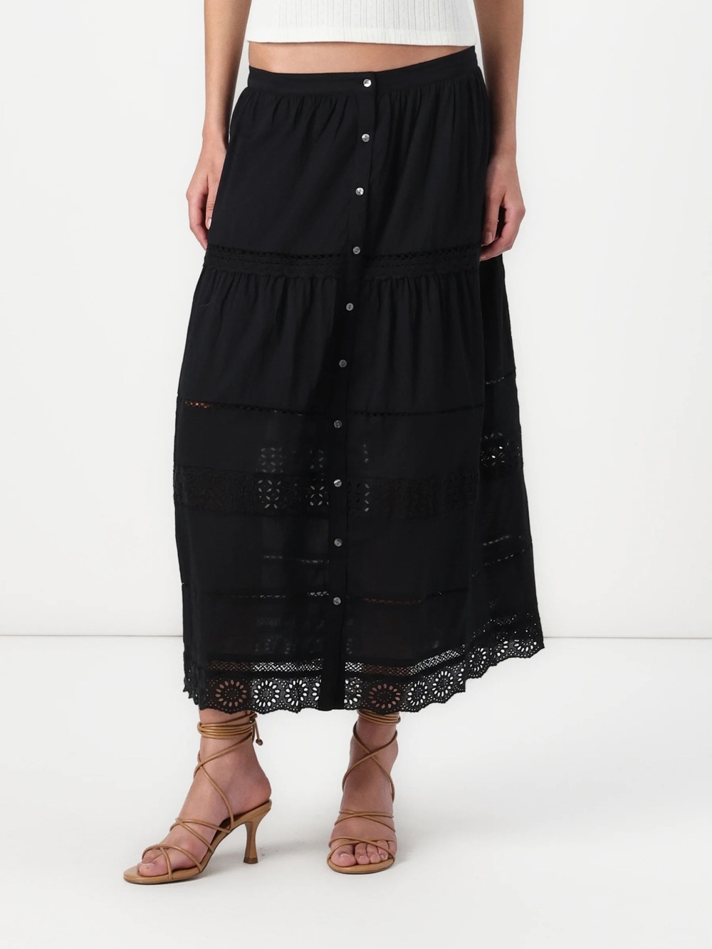 GAP Black Tiered Button-Front Midi Skirt